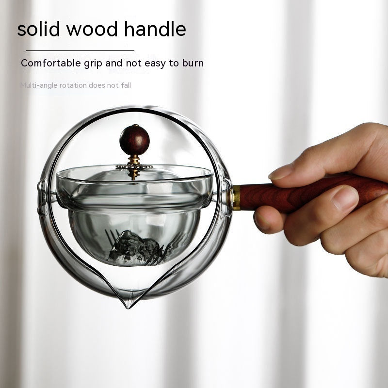 Elegant Semi-Automatic Rotary Glass Teapot with Infuser and Wooden Handle – Perfect for Home and Office Tea Lovers!
