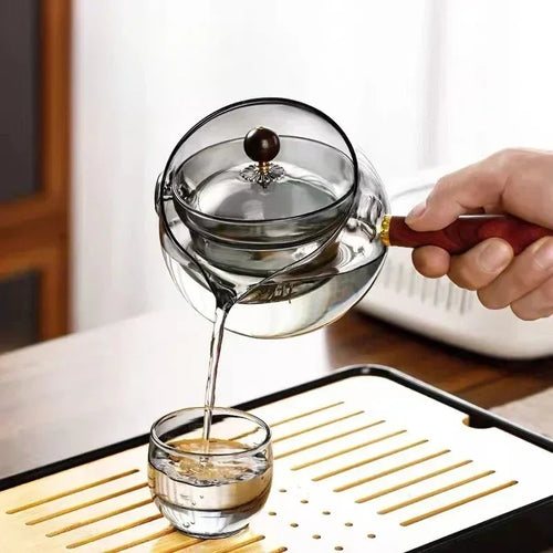Elegant Semi-Automatic Rotary Glass Teapot with Infuser and Wooden Handle – Perfect for Home and Office Tea Lovers!