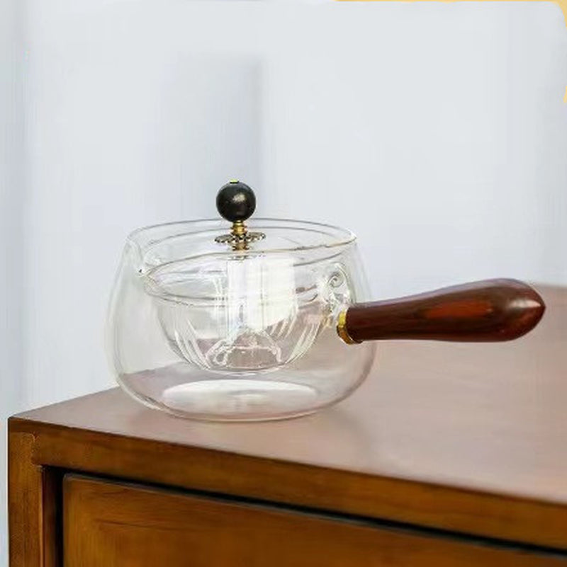 Elegant Semi-Automatic Rotary Glass Teapot with Infuser and Wooden Handle – Perfect for Home and Office Tea Lovers!