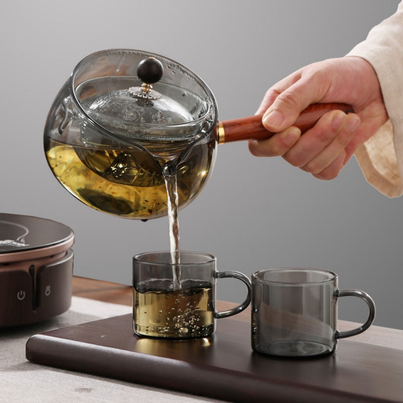 Elegant Semi-Automatic Rotary Glass Teapot with Infuser and Wooden Handle – Perfect for Home and Office Tea Lovers!