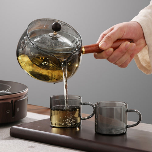 Elegant Semi-Automatic Rotary Glass Teapot with Infuser and Wooden Handle – Perfect for Home and Office Tea Lovers!