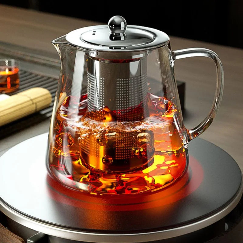 Heat Resistant Glass Teapot with Stainless Steel Infuser – Kung Fu Tea Pot for Puer & Oolong Tea (Flower Glass Kettle)