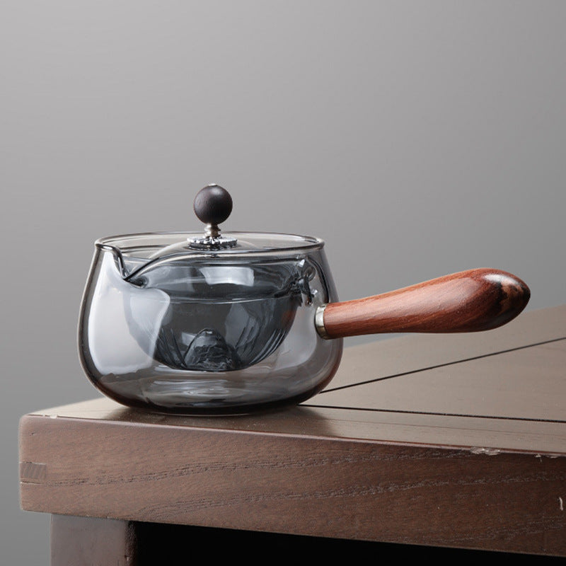 Elegant Semi-Automatic Rotary Glass Teapot with Infuser and Wooden Handle – Perfect for Home and Office Tea Lovers!